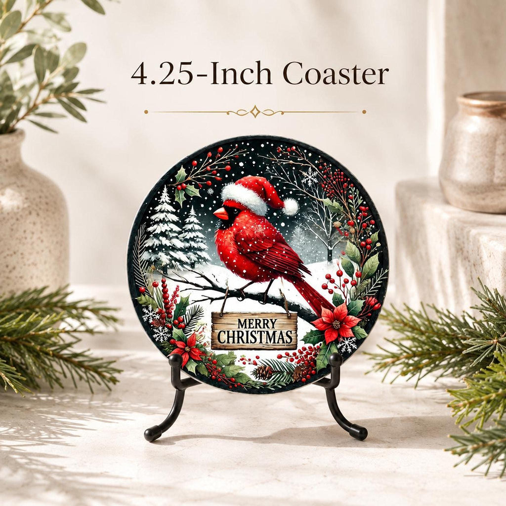 Christmas Coaster Featuring Cardinal in Santa Hat, Round Ceramic Drink Mat