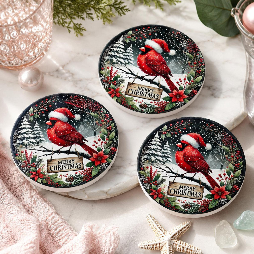 Christmas Coaster Featuring Cardinal in Santa Hat, Round Ceramic Drink Mat