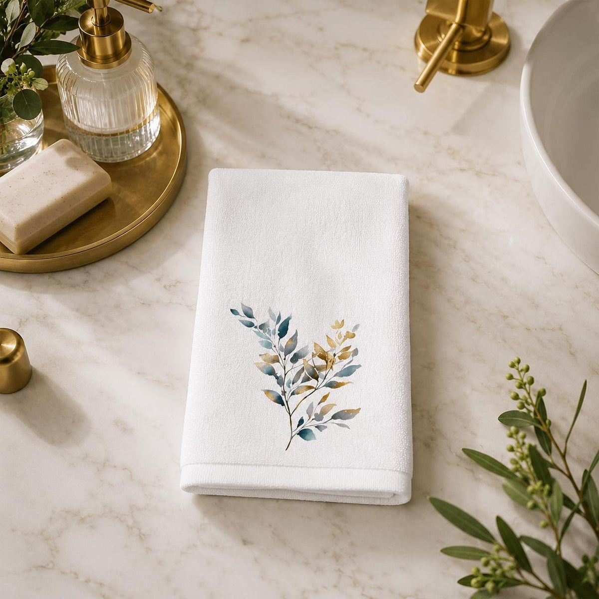 Botanical Fingertip Towel, Blue Gold Leaf Design for Guest Bath