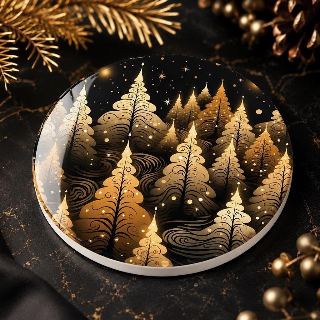 Christmas Coaster with Golden Tree Design, Elegant Ceramic Holiday Decor