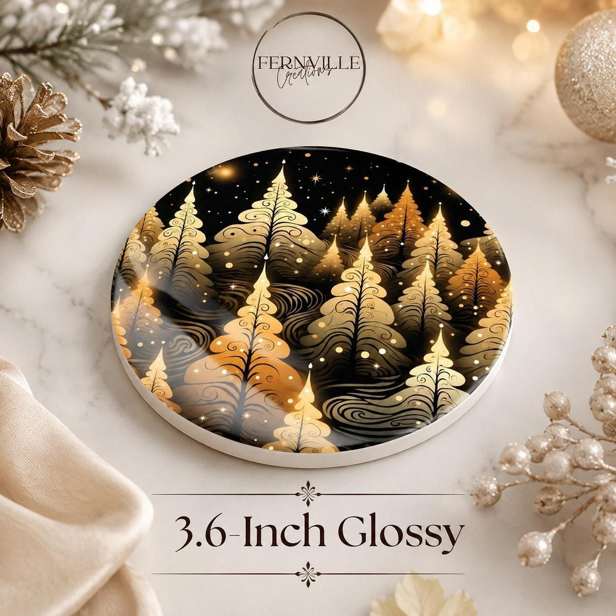 Christmas Coaster with Golden Tree Design, Elegant Ceramic Holiday Decor