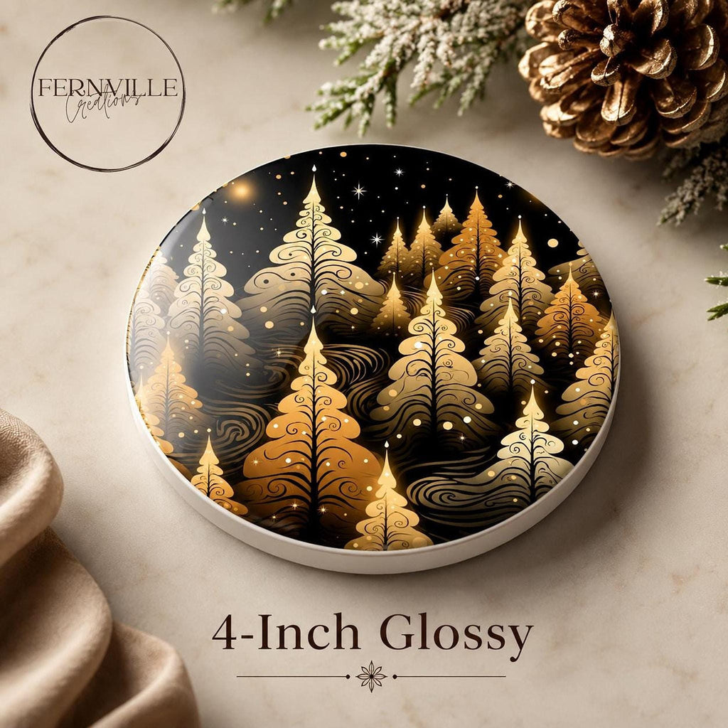 Christmas Coaster with Golden Tree Design, Elegant Ceramic Holiday Decor