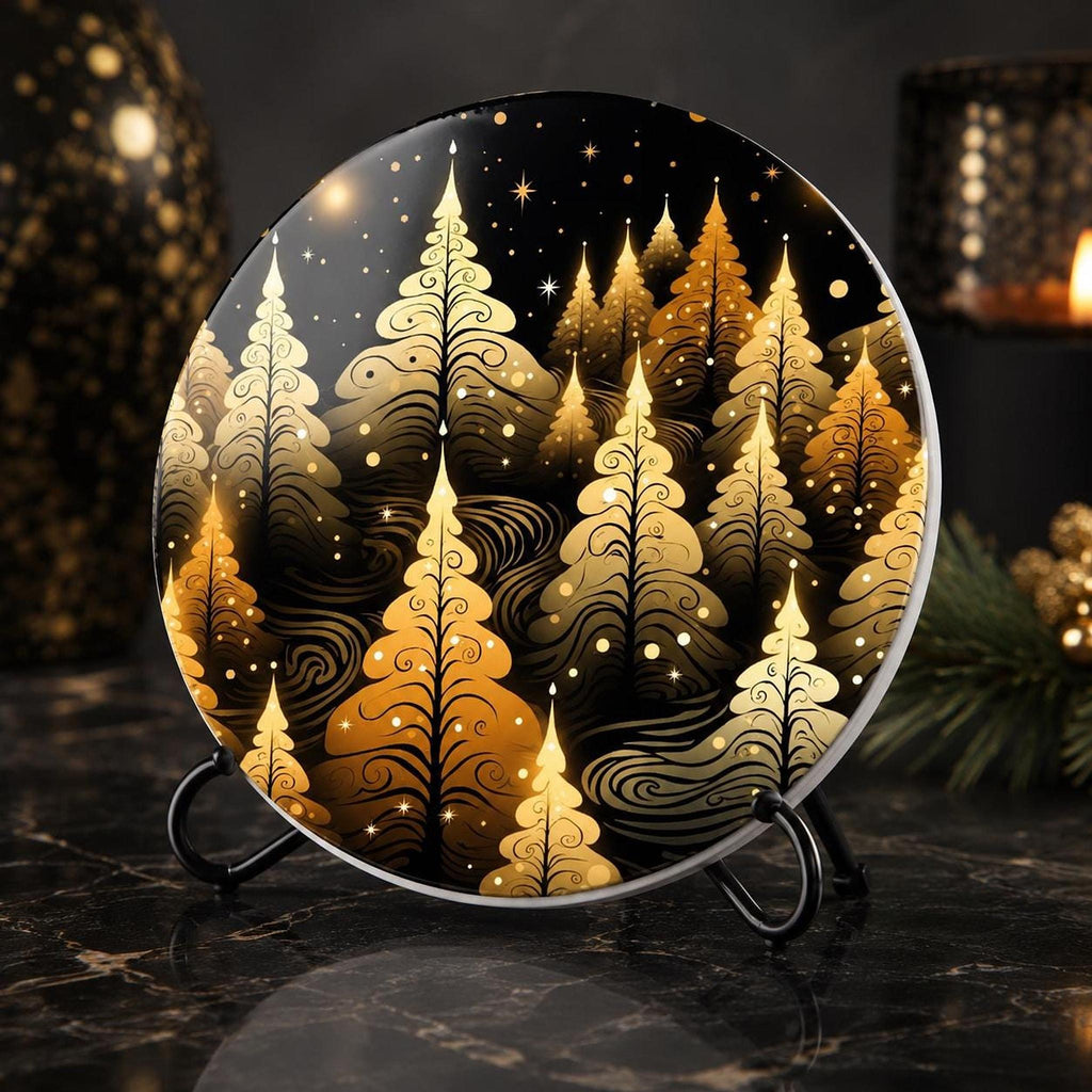 Christmas Coaster with Golden Tree Design, Elegant Ceramic Holiday Decor