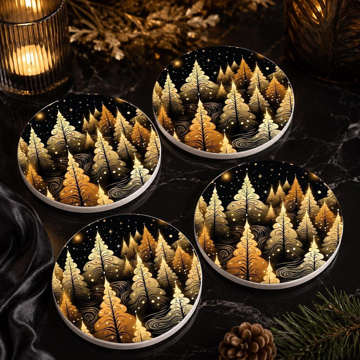 Christmas Coaster with Golden Tree Design, Elegant Ceramic Holiday Decor