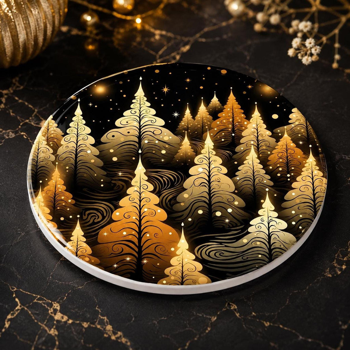 Christmas Coaster with Golden Tree Design, Elegant Ceramic Holiday Decor