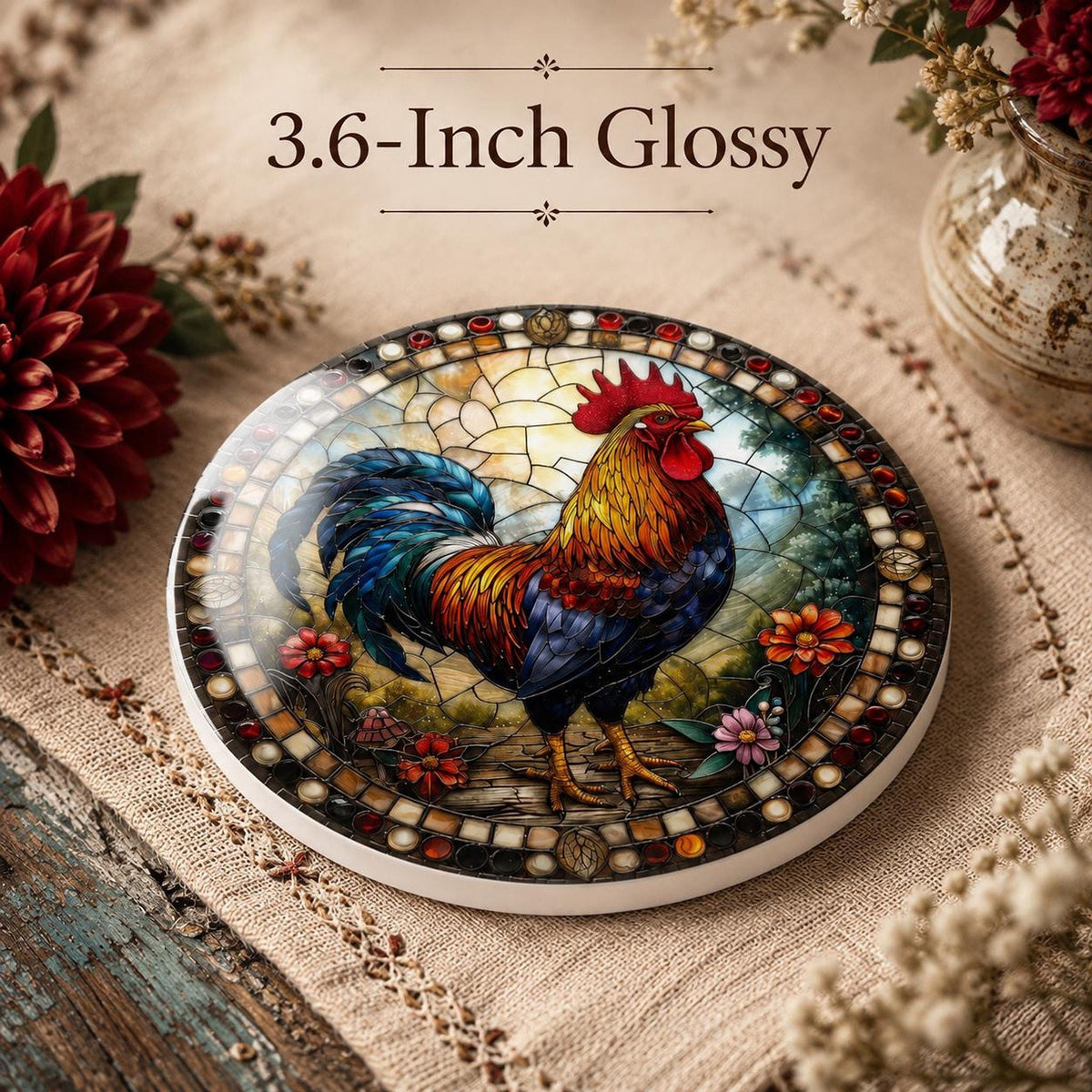 Rooster Coaster, Colorful Ceramic Drink Mat for Farmhouse Decor