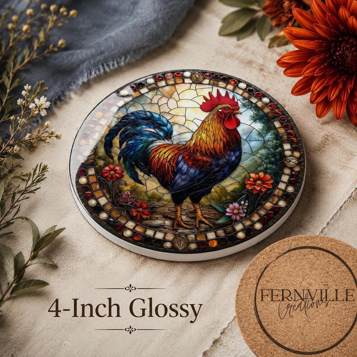 Rooster Coaster, Colorful Ceramic Drink Mat for Farmhouse Decor