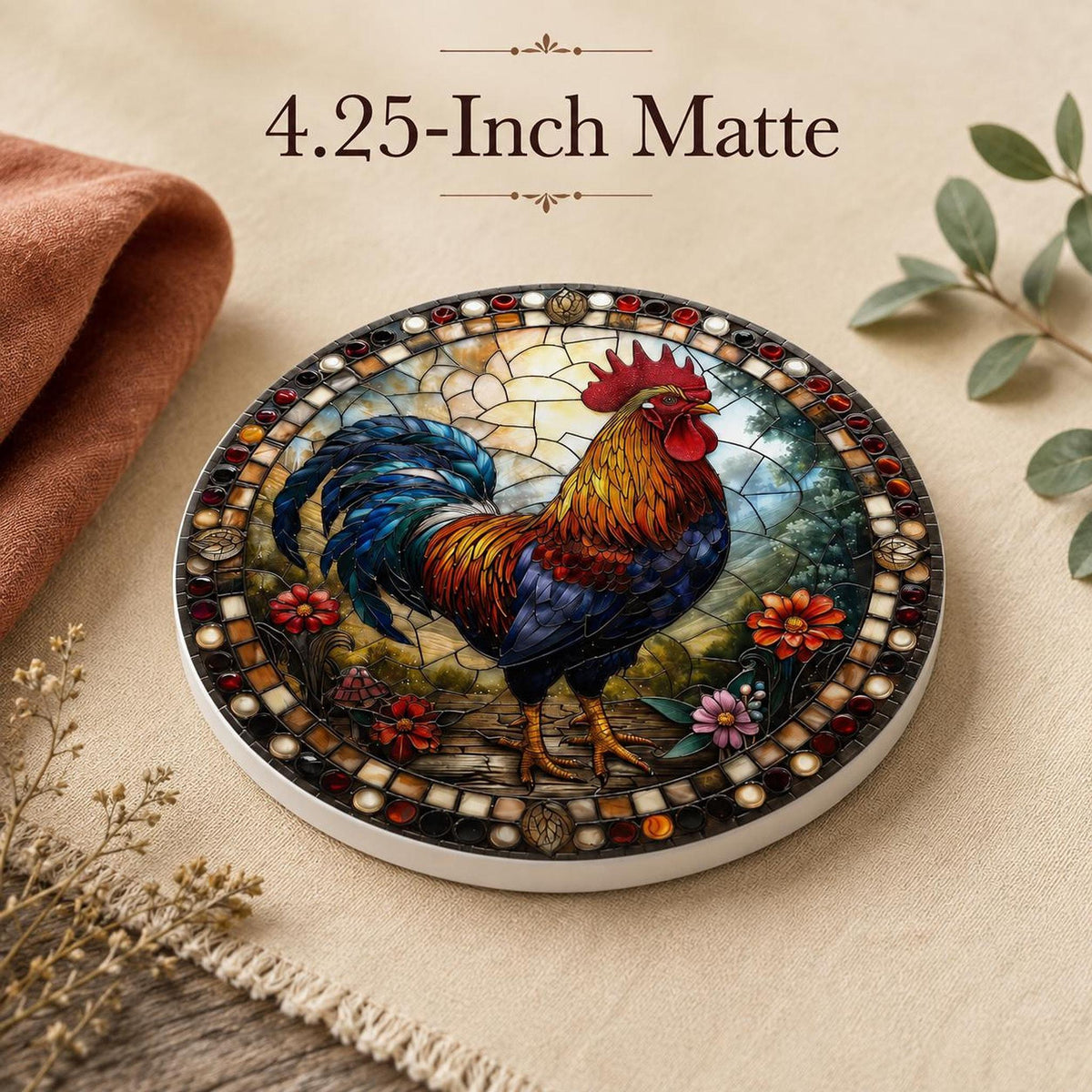 Rooster Coaster, Colorful Ceramic Drink Mat for Farmhouse Decor