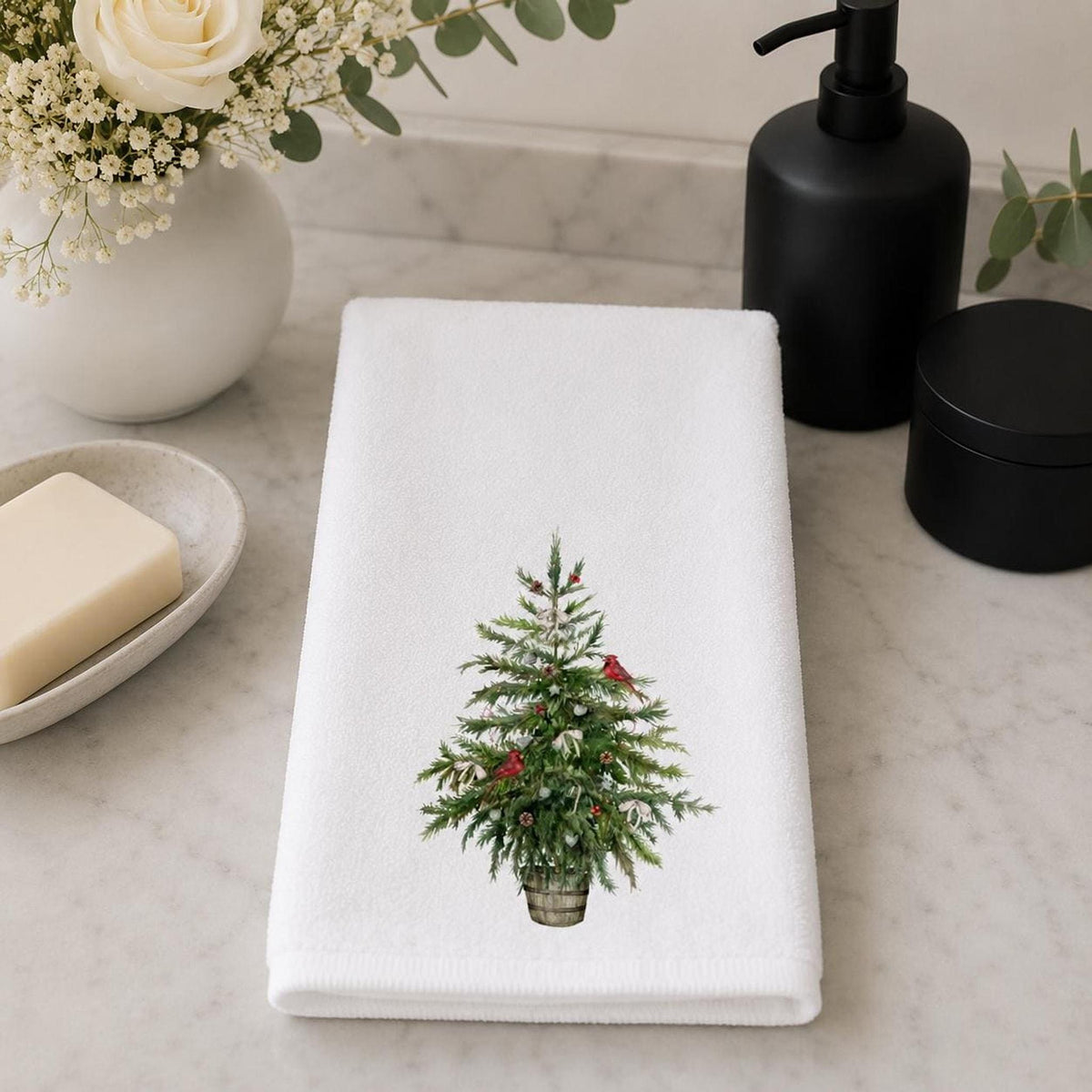 Cardinal Hand Towel, White Christmas Tree Design, Cotton Terrycloth Back