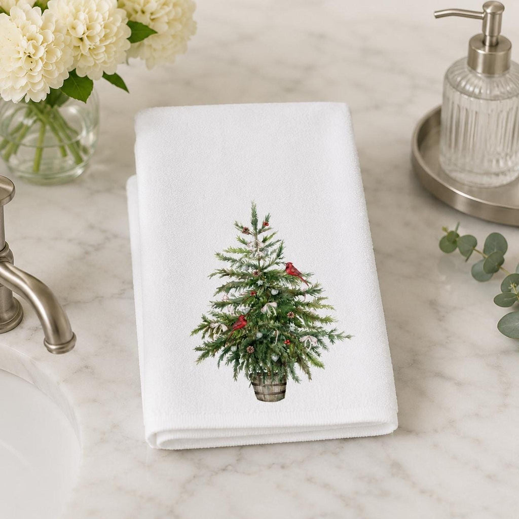 Cardinal Hand Towel, White Christmas Tree Design, Cotton Terrycloth Back