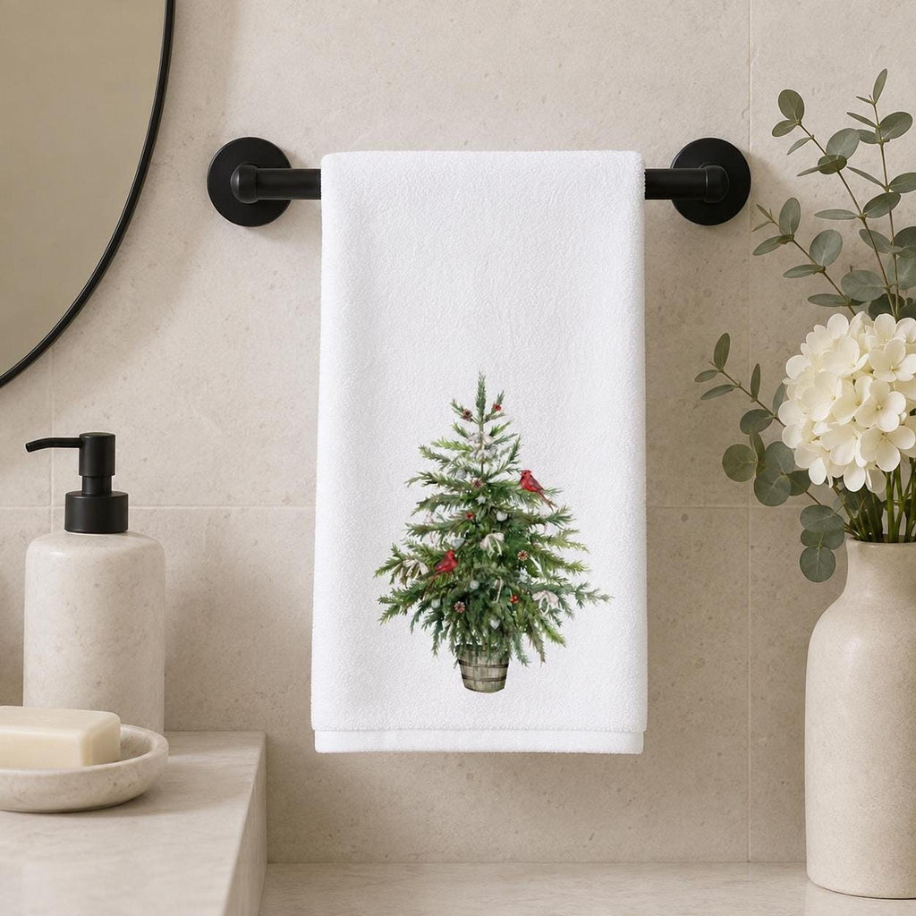 Cardinal Hand Towel, White Christmas Tree Design, Cotton Terrycloth Back