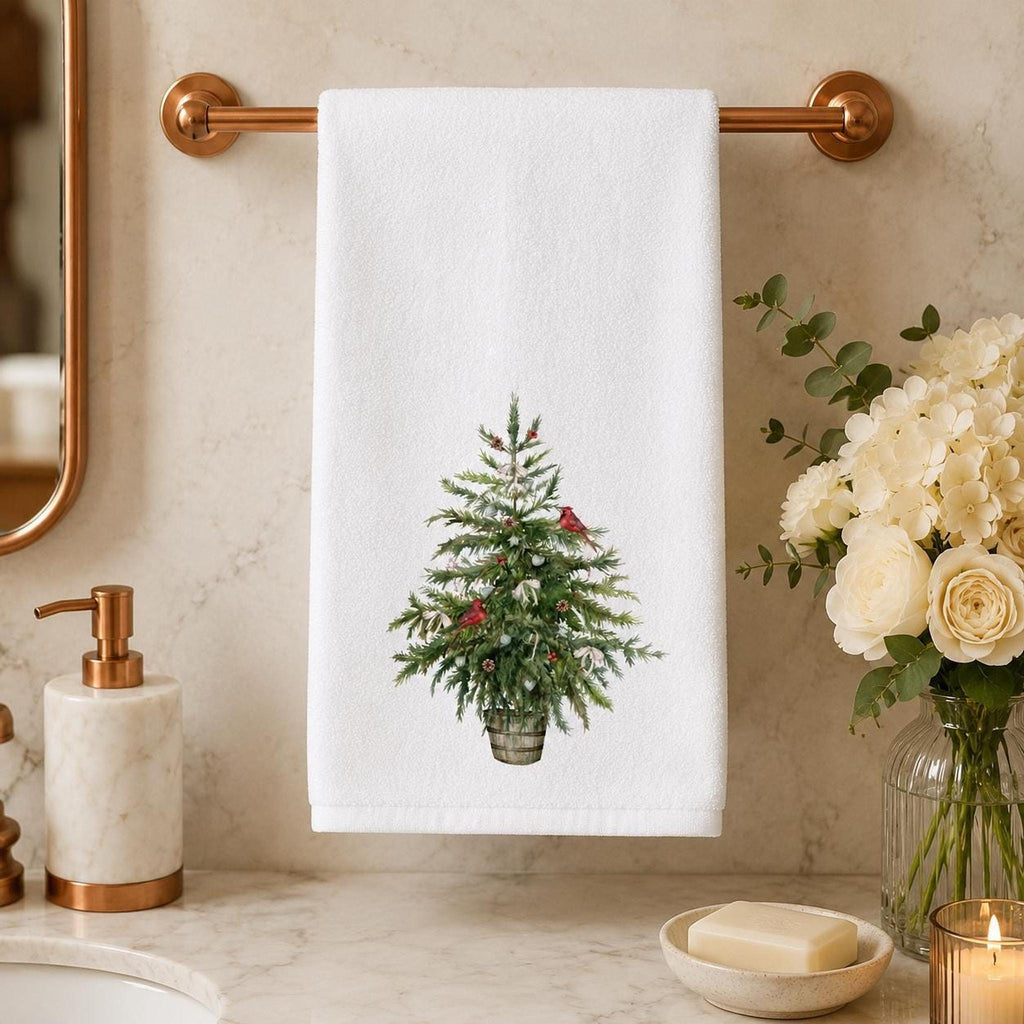 Cardinal Hand Towel, White Christmas Tree Design, Cotton Terrycloth Back