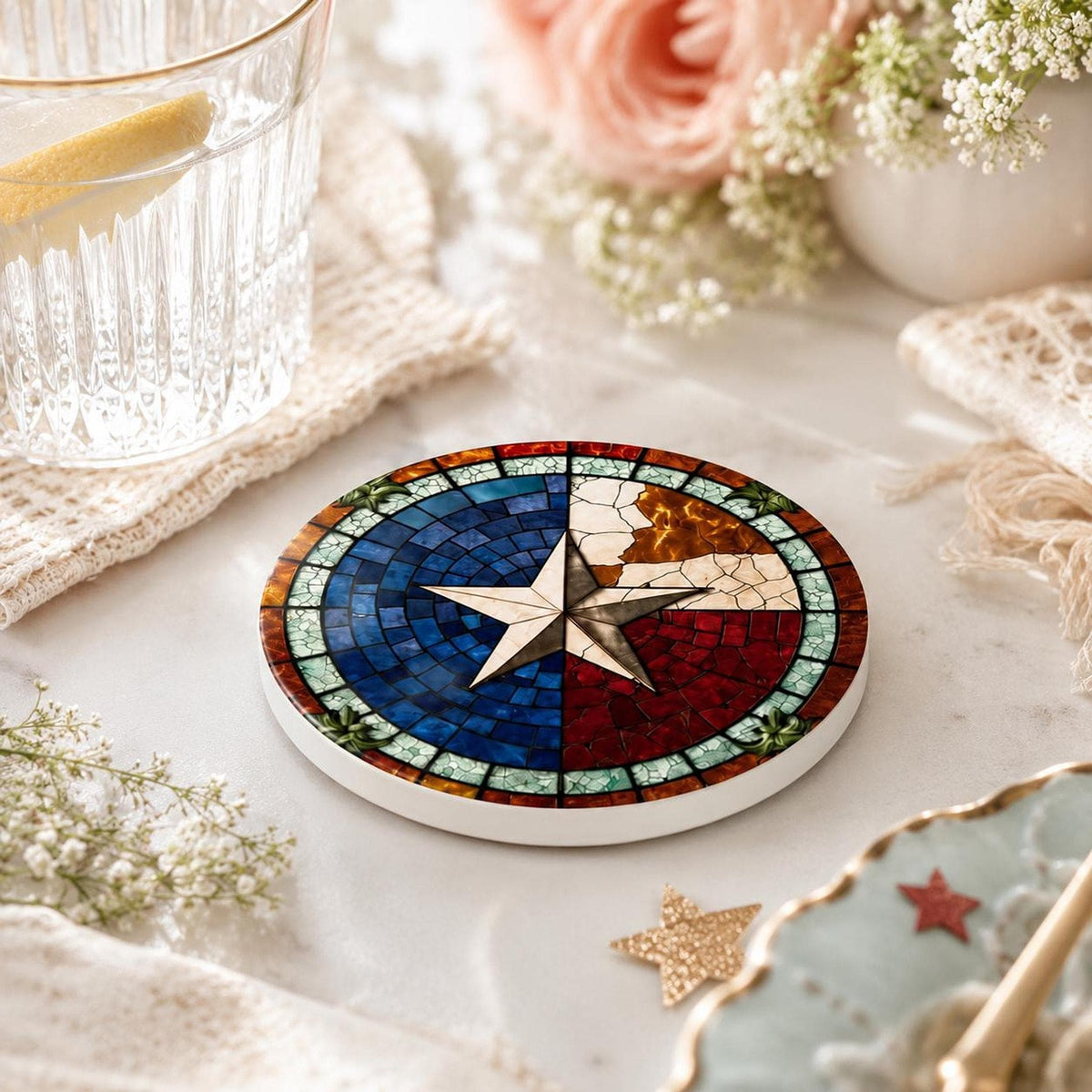Ceramic Coaster, American Flag Design with Glossy or Matte Finish