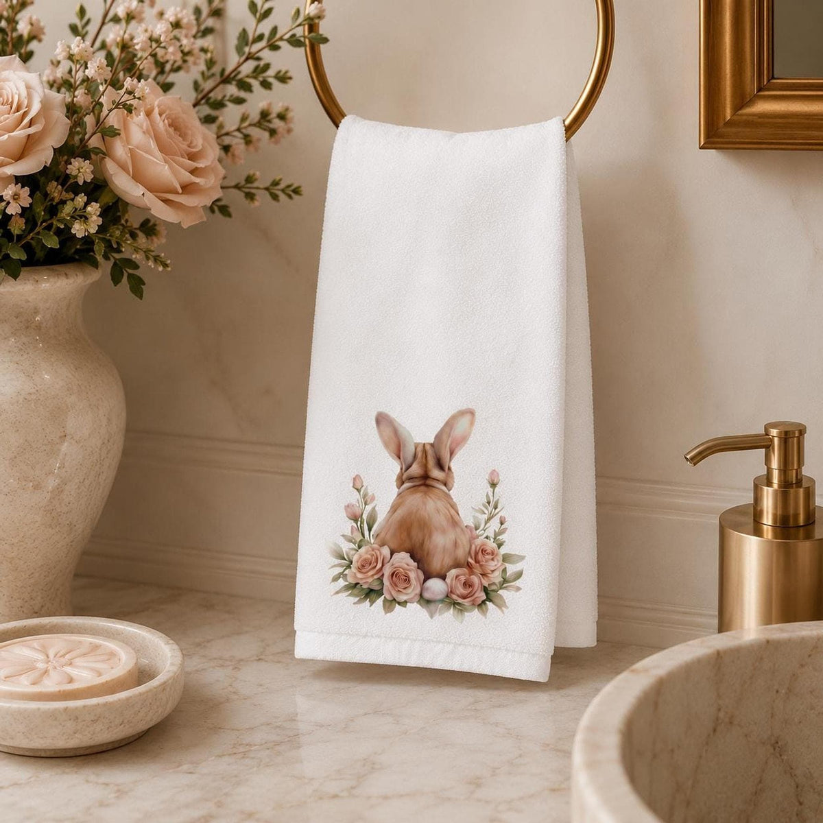 Easter Bunny Hand Towel, Floral Rabbit Decor, Spring Guest Bath Accent, Pastel Gift