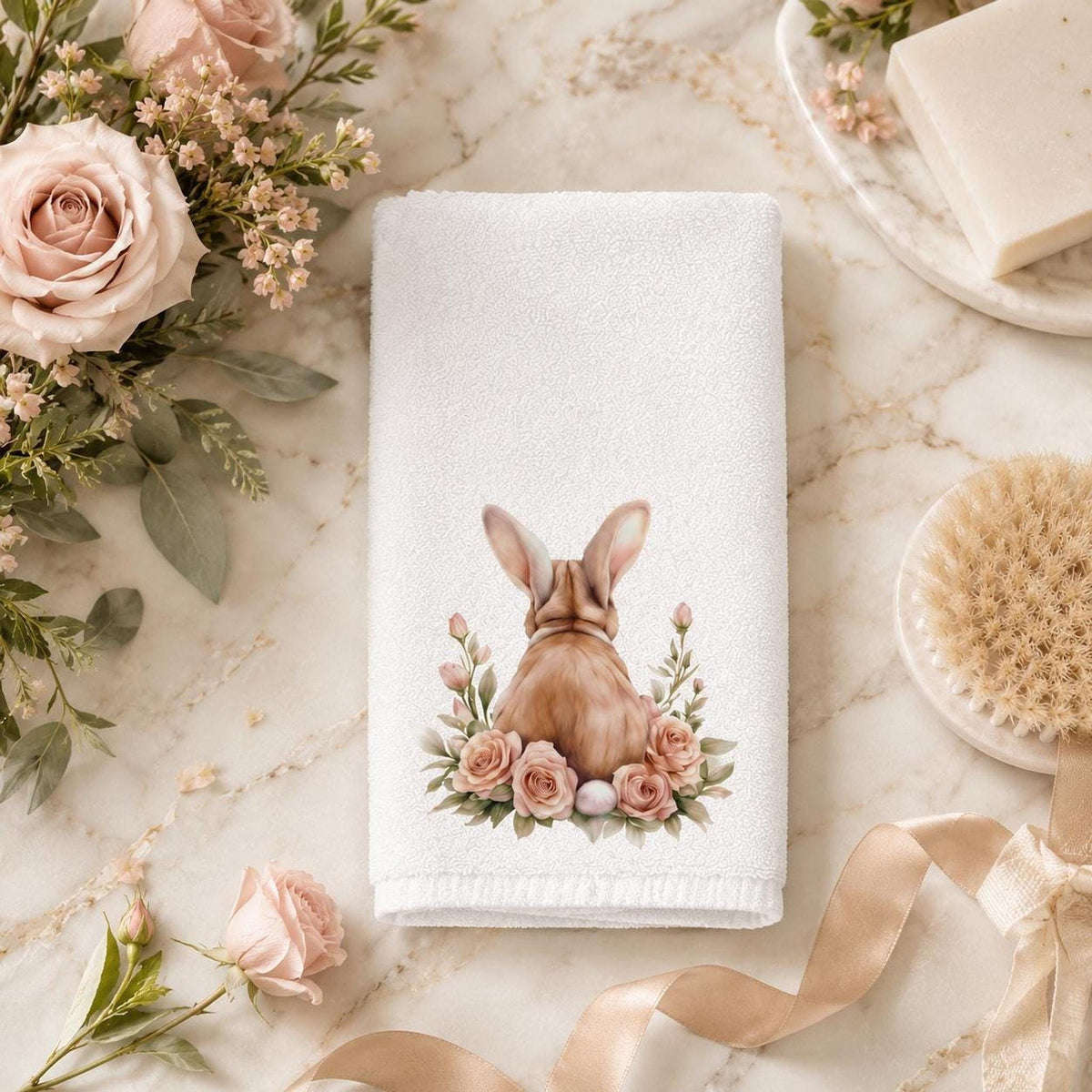 Easter Bunny Hand Towel, Floral Rabbit Decor, Spring Guest Bath Accent, Pastel Gift