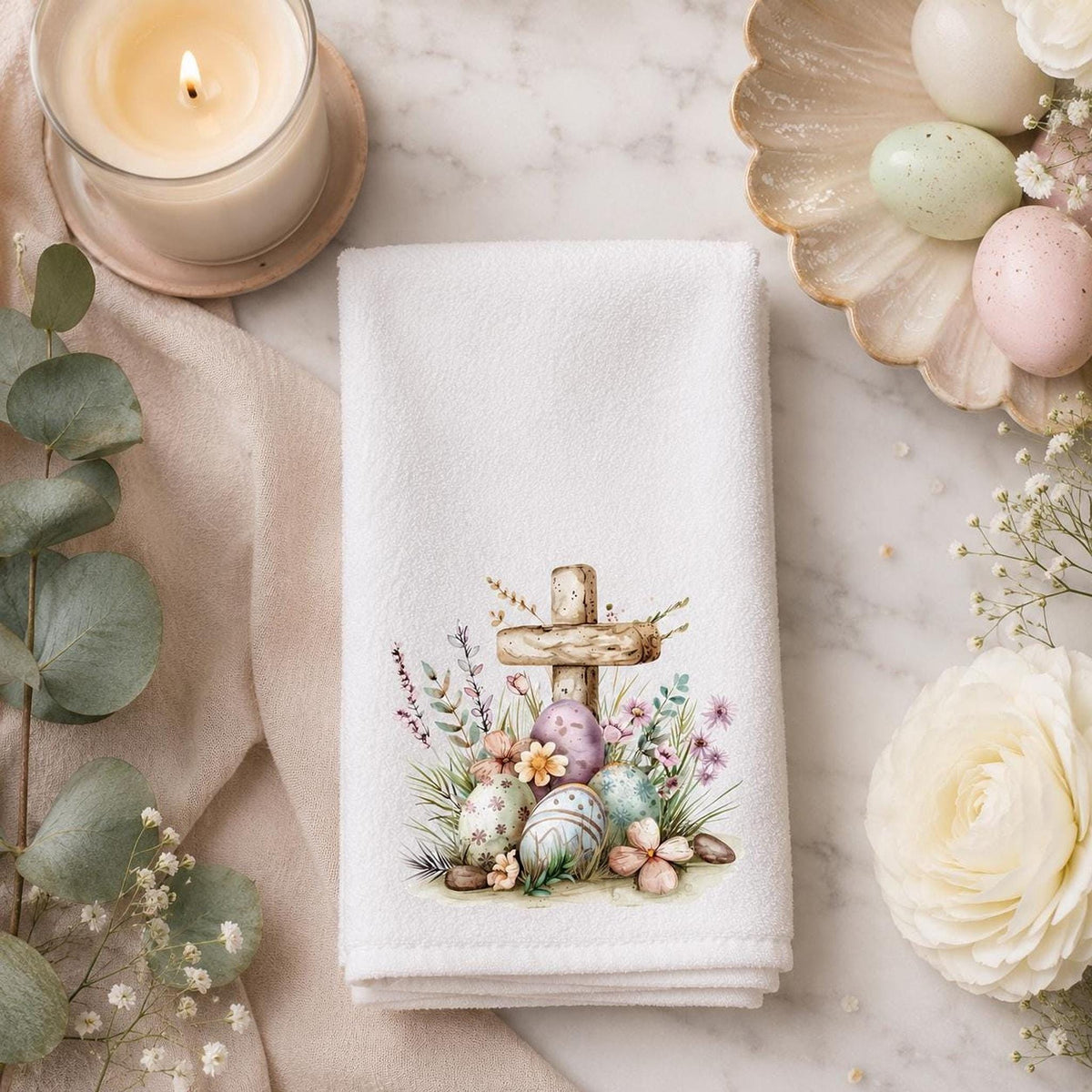 Easter Guest Towel, 11 x 18 Inch Cross Design, Cotton Terrycloth Back