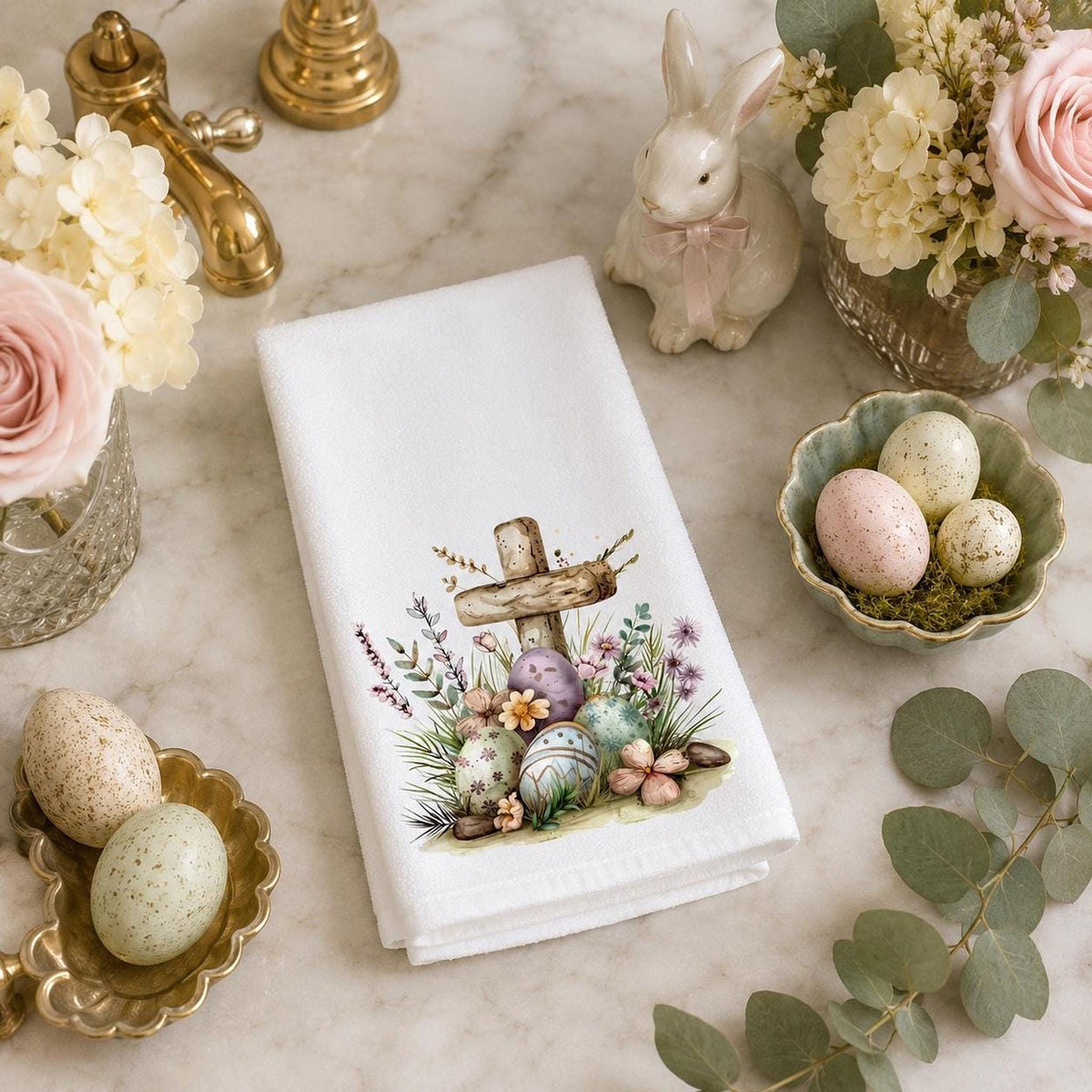 Easter Guest Towel, 11 x 18 Inch Cross Design, Cotton Terrycloth Back