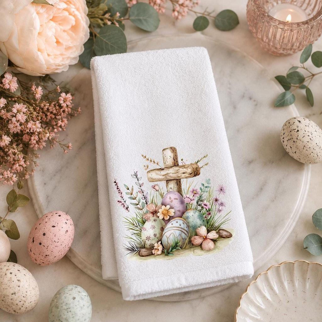 Easter Guest Towel, 11 x 18 Inch Cross Design, Cotton Terrycloth Back