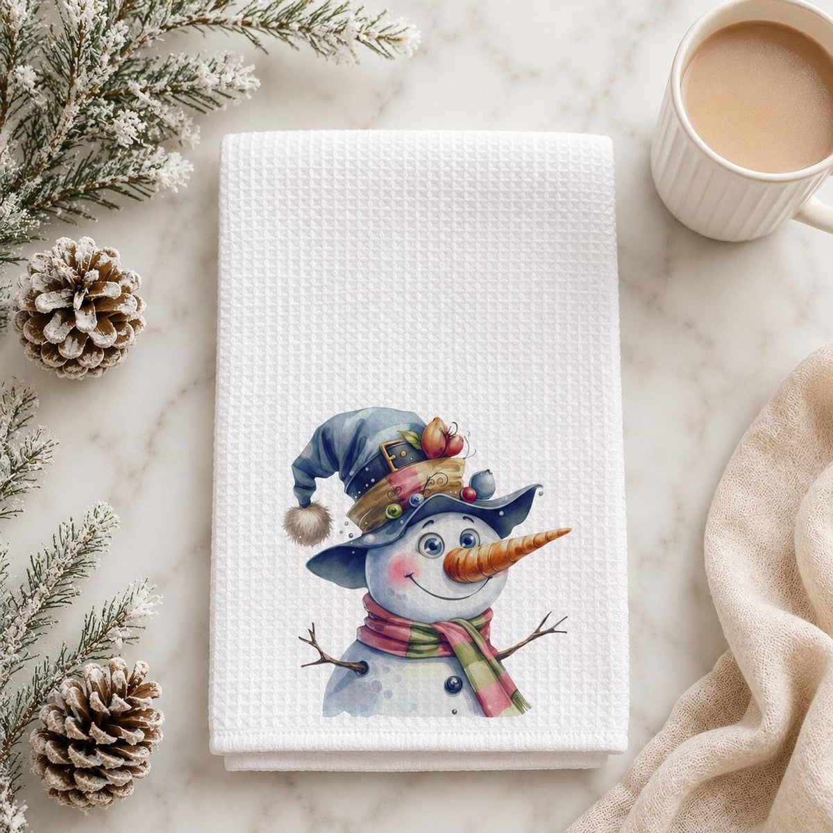 Waffle Hand Towel, White Microfiber Snowman Design, Christmas Kitchen Decor
