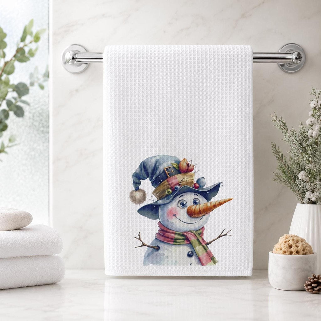 Waffle Hand Towel, White Microfiber Snowman Design, Christmas Kitchen Decor