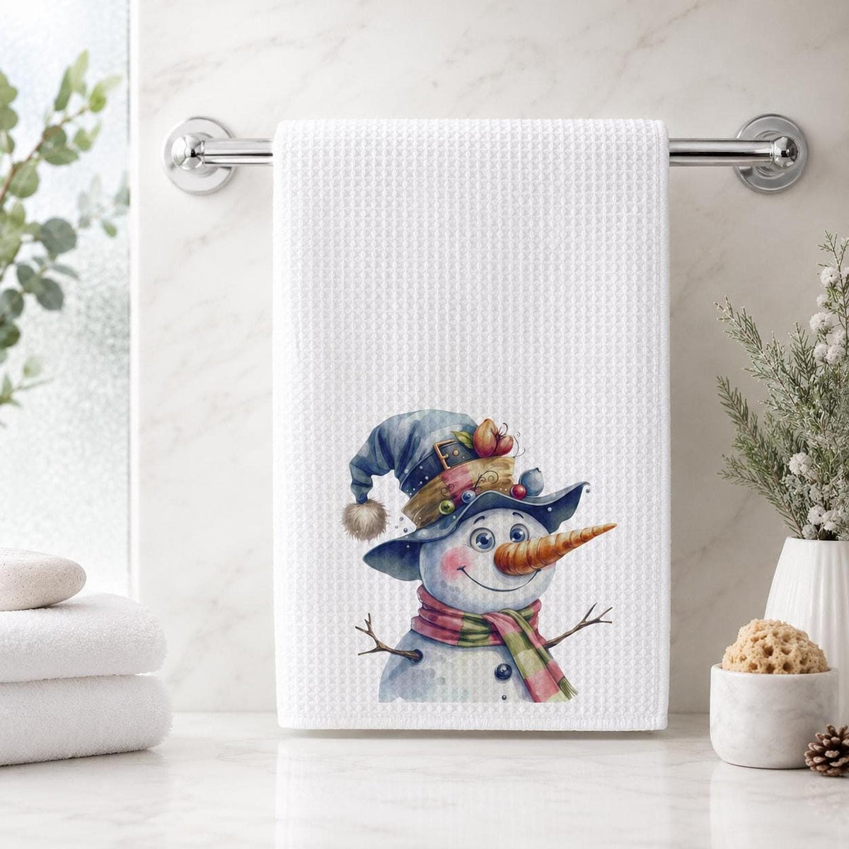Waffle Hand Towel, White Microfiber Snowman Design, Christmas Kitchen Decor