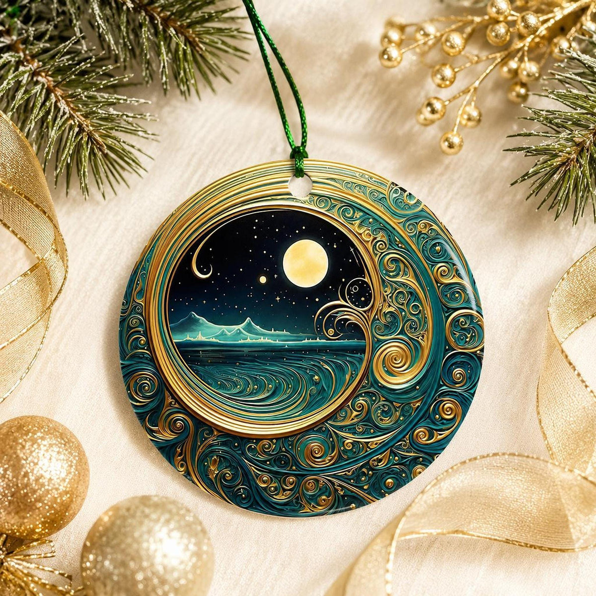 Moonlit Ocean Ceramic Ornament, Coastal Christmas Decor, Celestial Holiday Accent, Beach Lover Gift