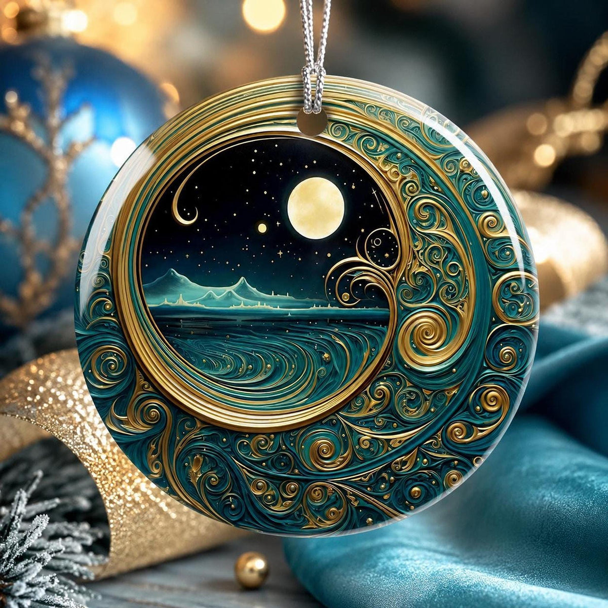 Moonlit Ocean Ceramic Ornament, Coastal Christmas Decor, Celestial Holiday Accent, Beach Lover Gift