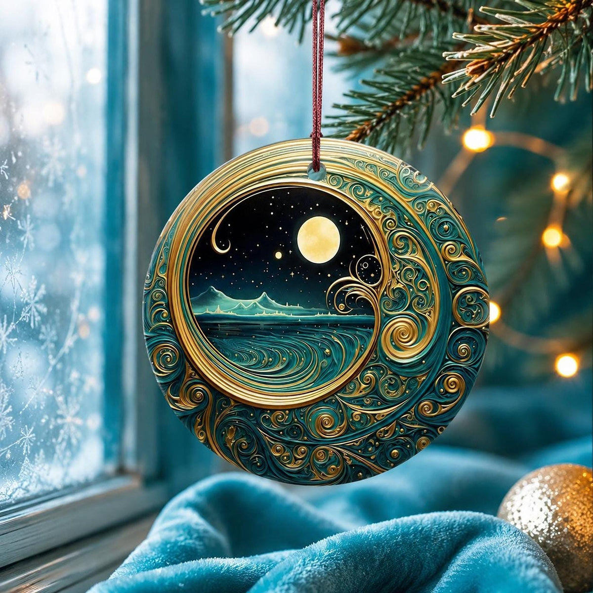 Moonlit Ocean Ceramic Ornament, Coastal Christmas Decor, Celestial Holiday Accent, Beach Lover Gift