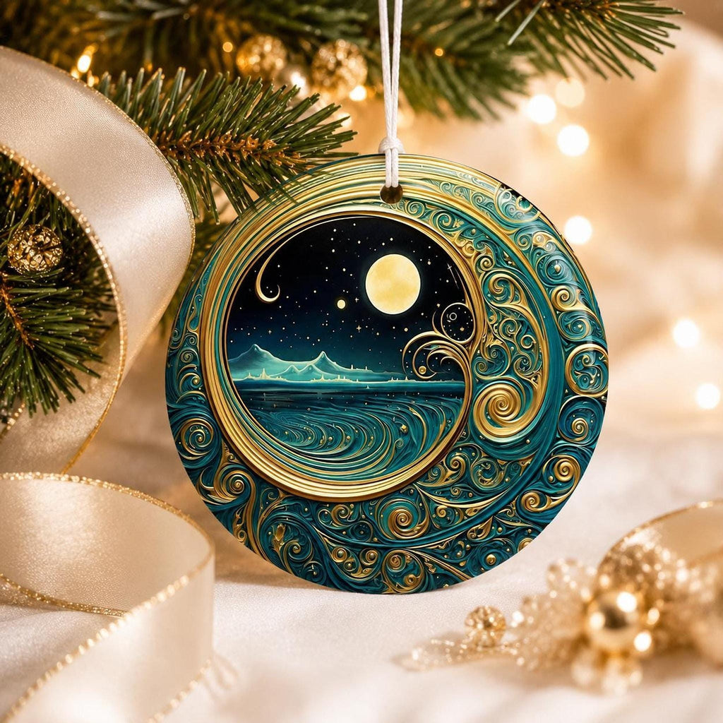 Moonlit Ocean Ceramic Ornament, Coastal Christmas Decor, Celestial Holiday Accent, Beach Lover Gift