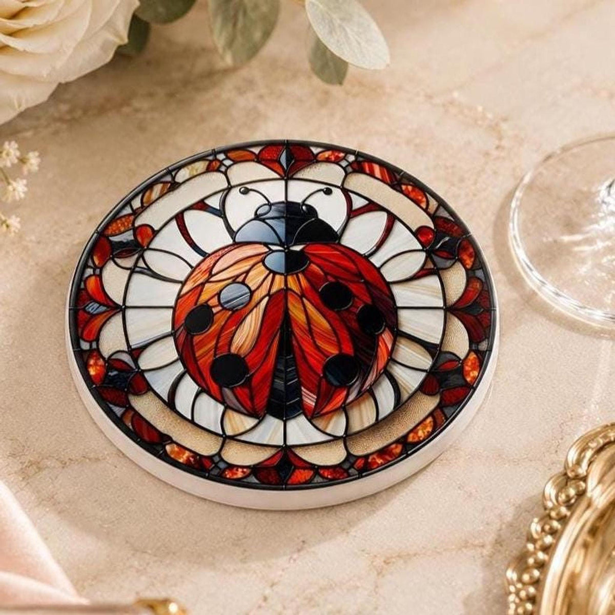 Ladybug Coaster, Ceramic Daisy Garden Decor with Glossy or Matte Finish