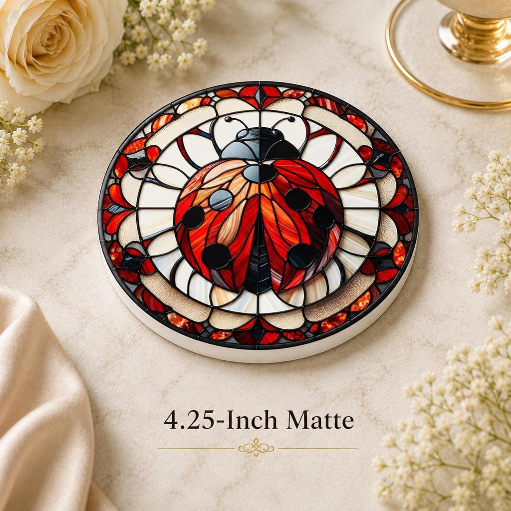 Ladybug Coaster, Ceramic Daisy Garden Decor with Glossy or Matte Finish