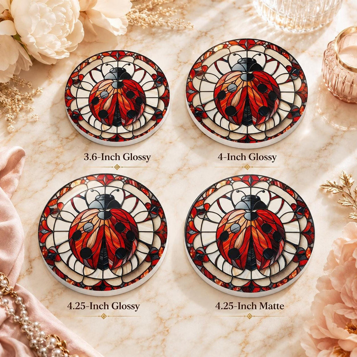 Ladybug Coaster, Ceramic Daisy Garden Decor with Glossy or Matte Finish