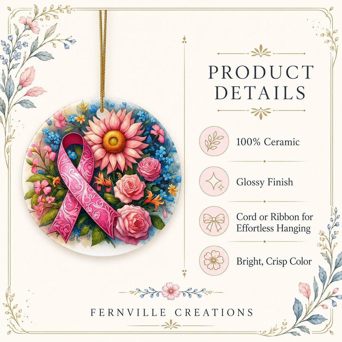 Pink Ribbon Ornament, 3-Inch Ceramic Floral Christmas Keepsake