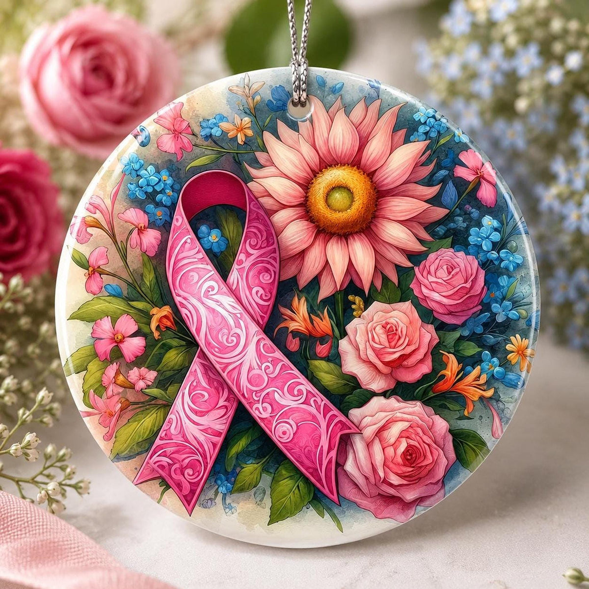 Pink Ribbon Ornament, 3-Inch Ceramic Floral Christmas Keepsake