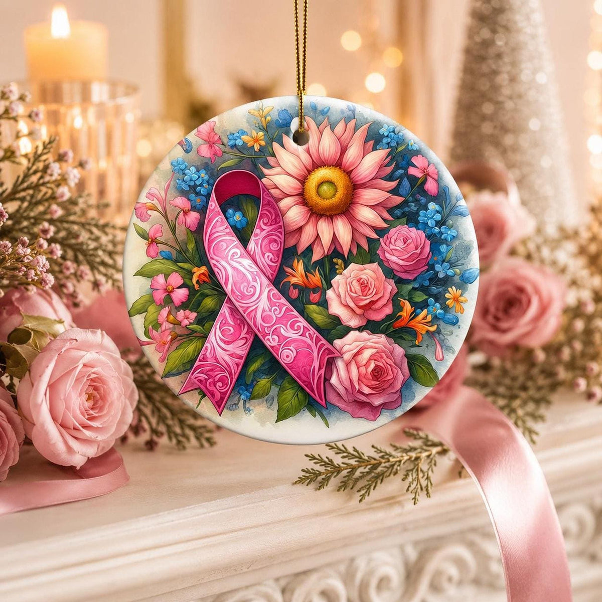 Pink Ribbon Ornament, 3-Inch Ceramic Floral Christmas Keepsake