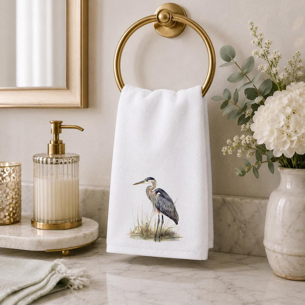 Bird Bath Decor, White Heron Fingertip Towel with Cotton Terrycloth Back