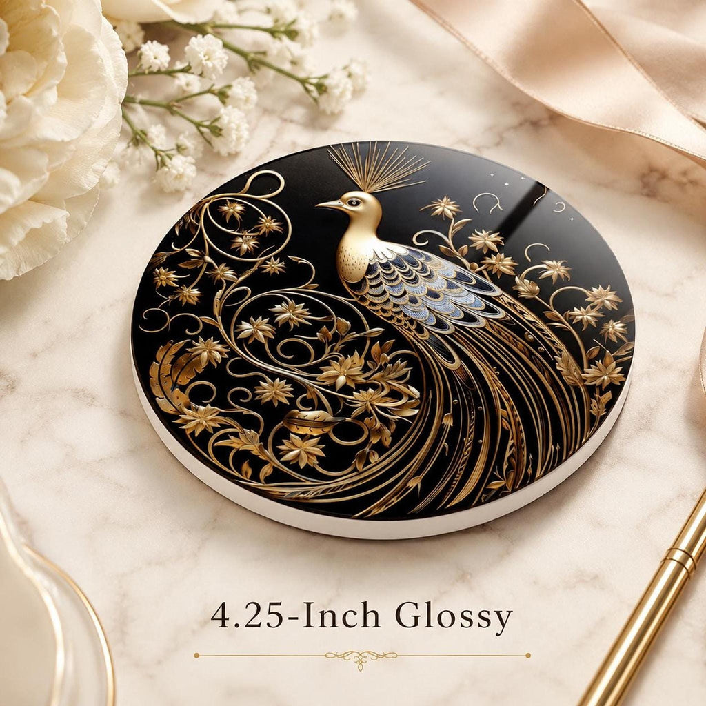 Gold Botanical Decor Ceramic Coaster, Black Peacock Art Nouveau, 3.6–4.25-Inch Round