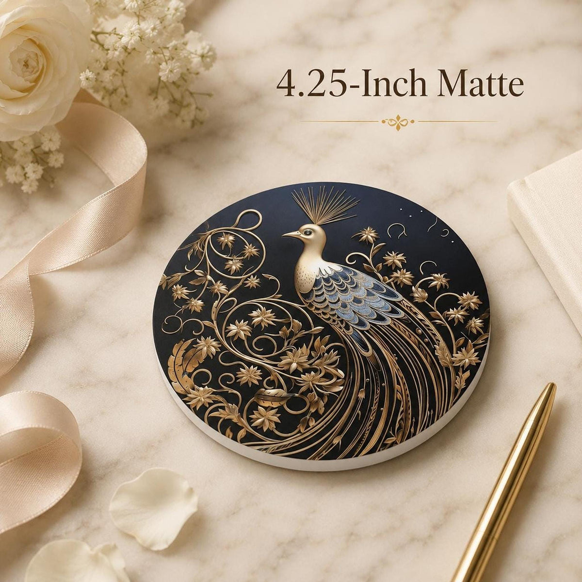 Gold Botanical Decor Ceramic Coaster, Black Peacock Art Nouveau, 3.6–4.25-Inch Round