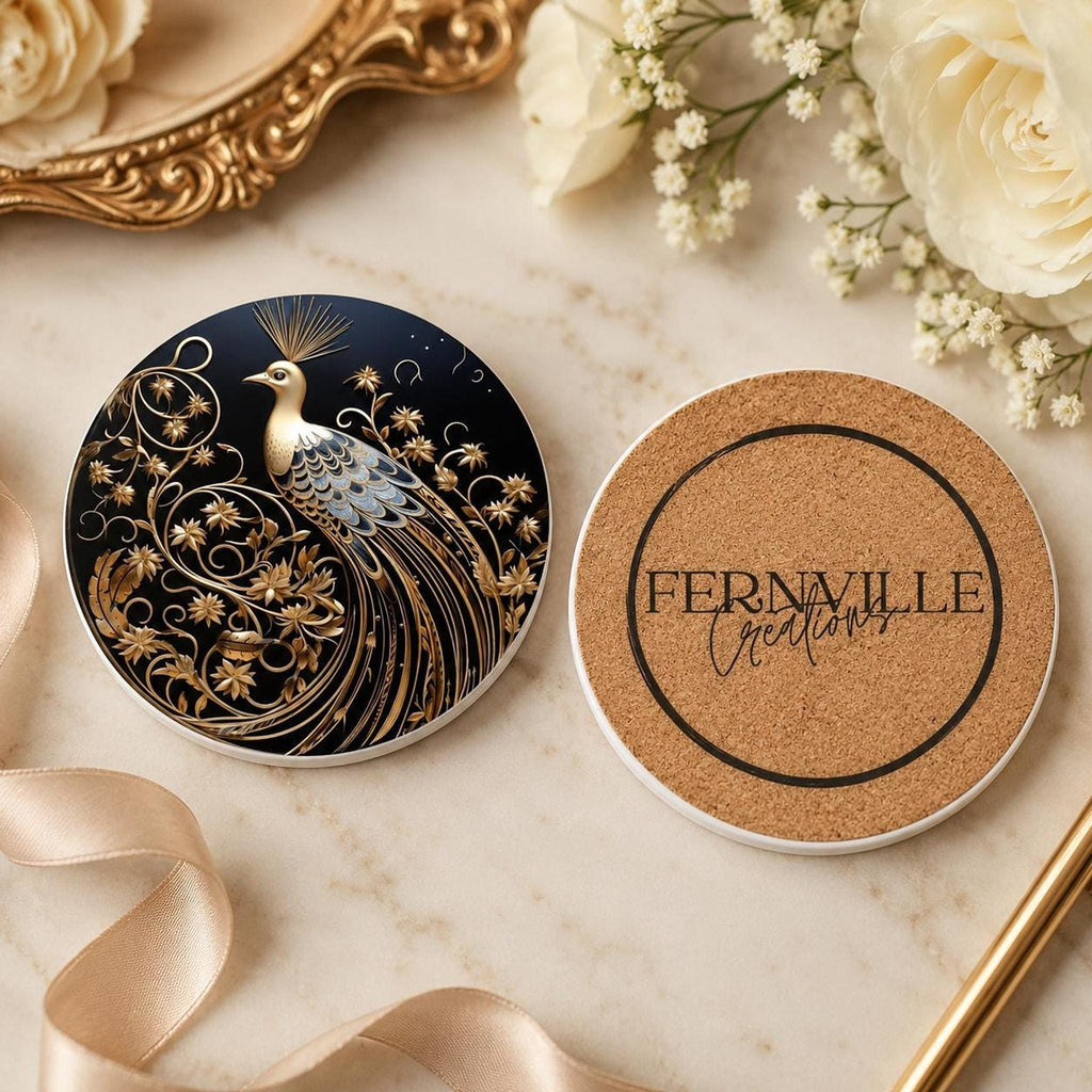 Gold Botanical Decor Ceramic Coaster, Black Peacock Art Nouveau, 3.6–4.25-Inch Round