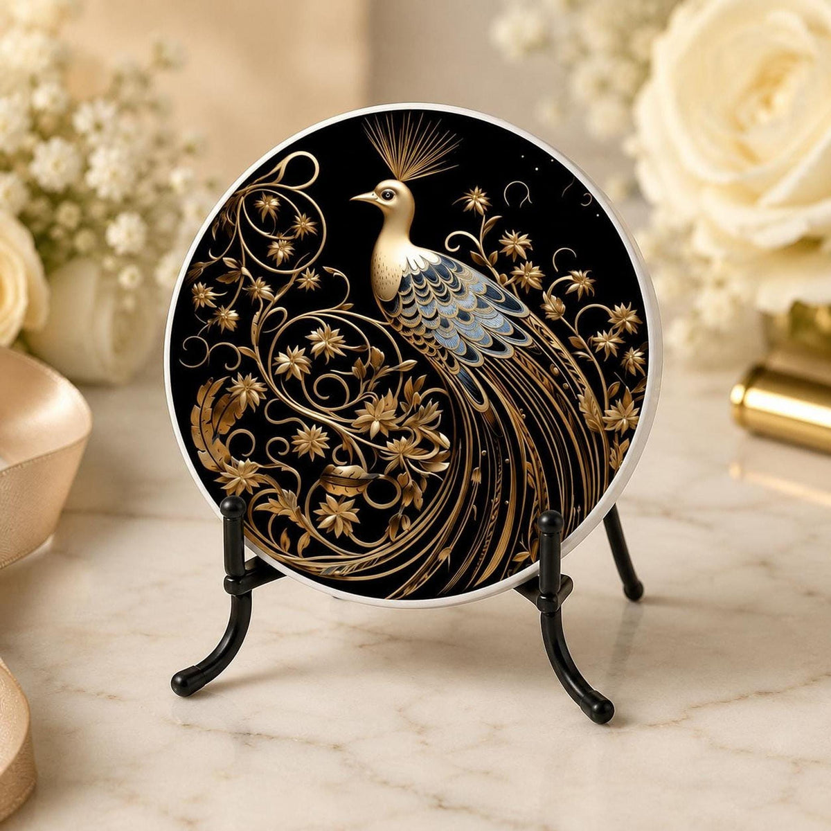 Gold Botanical Decor Ceramic Coaster, Black Peacock Art Nouveau, 3.6–4.25-Inch Round