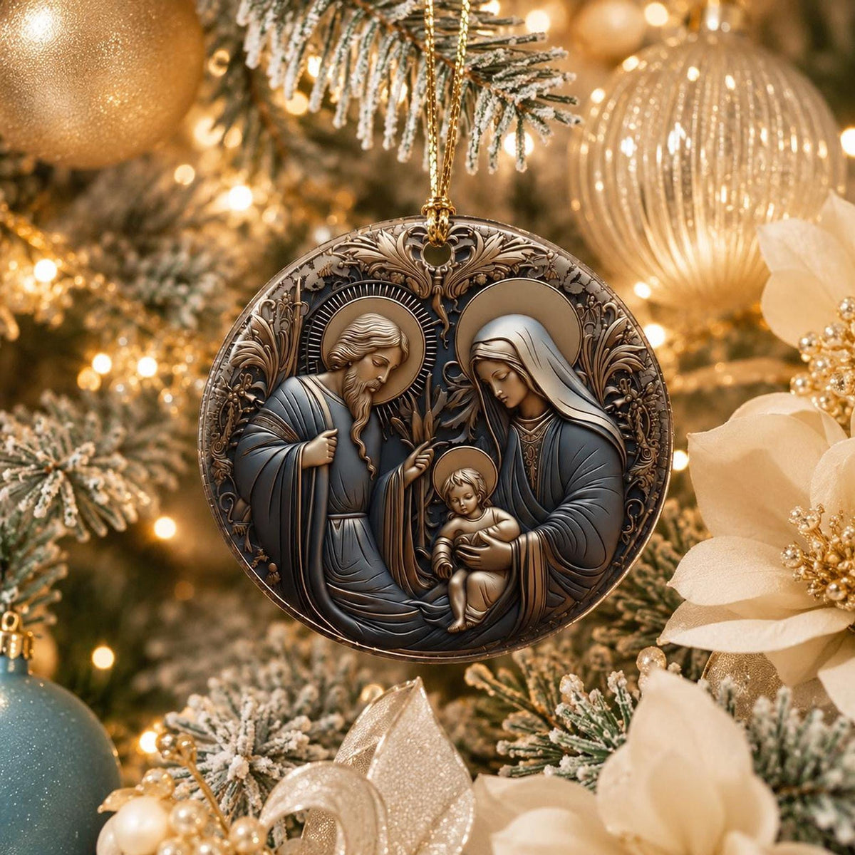 Ceramic Ornament, Holy Family Nativity Keepsake with Personalized Back