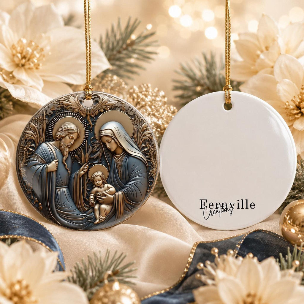 Ceramic Ornament, Holy Family Nativity Keepsake with Personalized Back