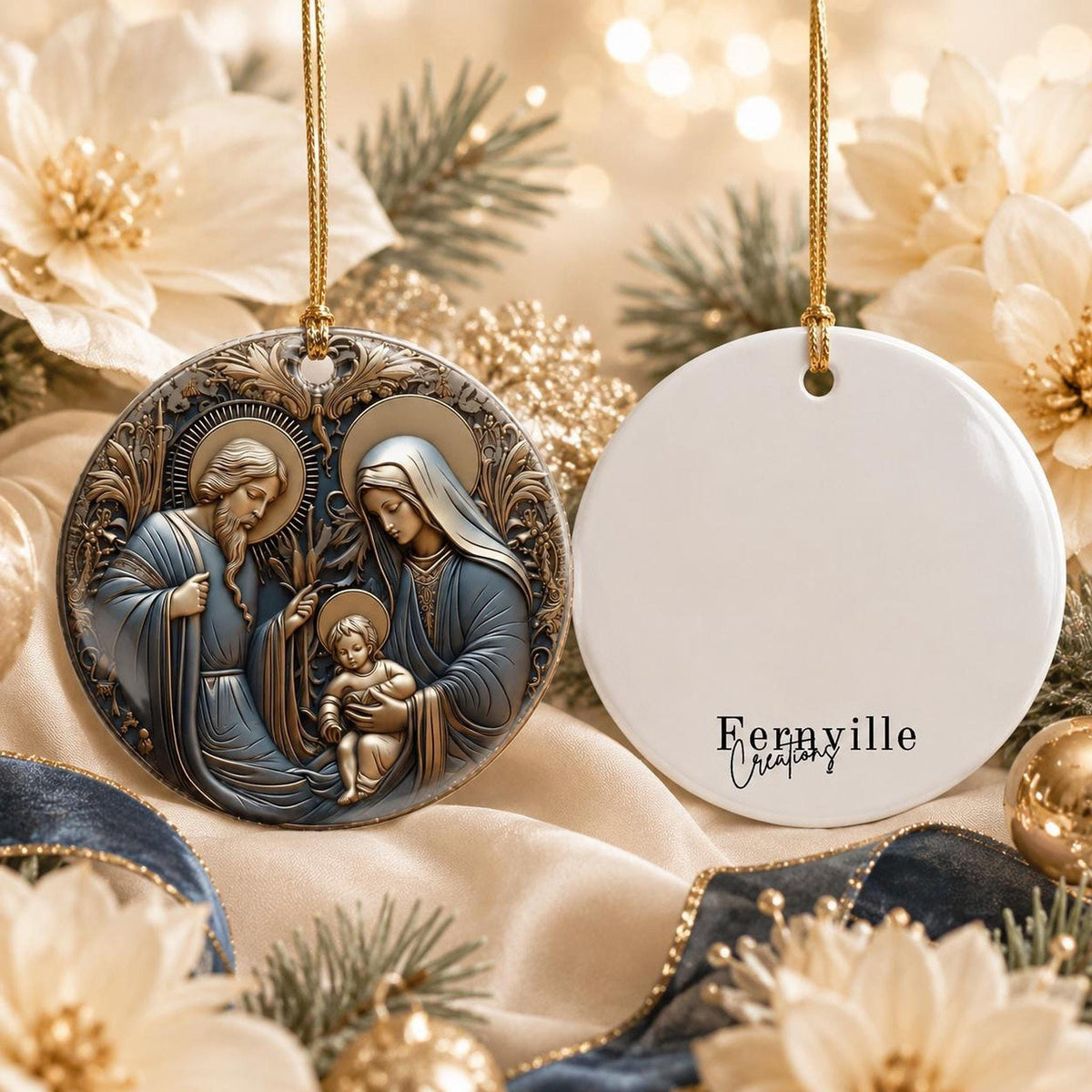 Ceramic Ornament, Holy Family Nativity Keepsake with Personalized Back