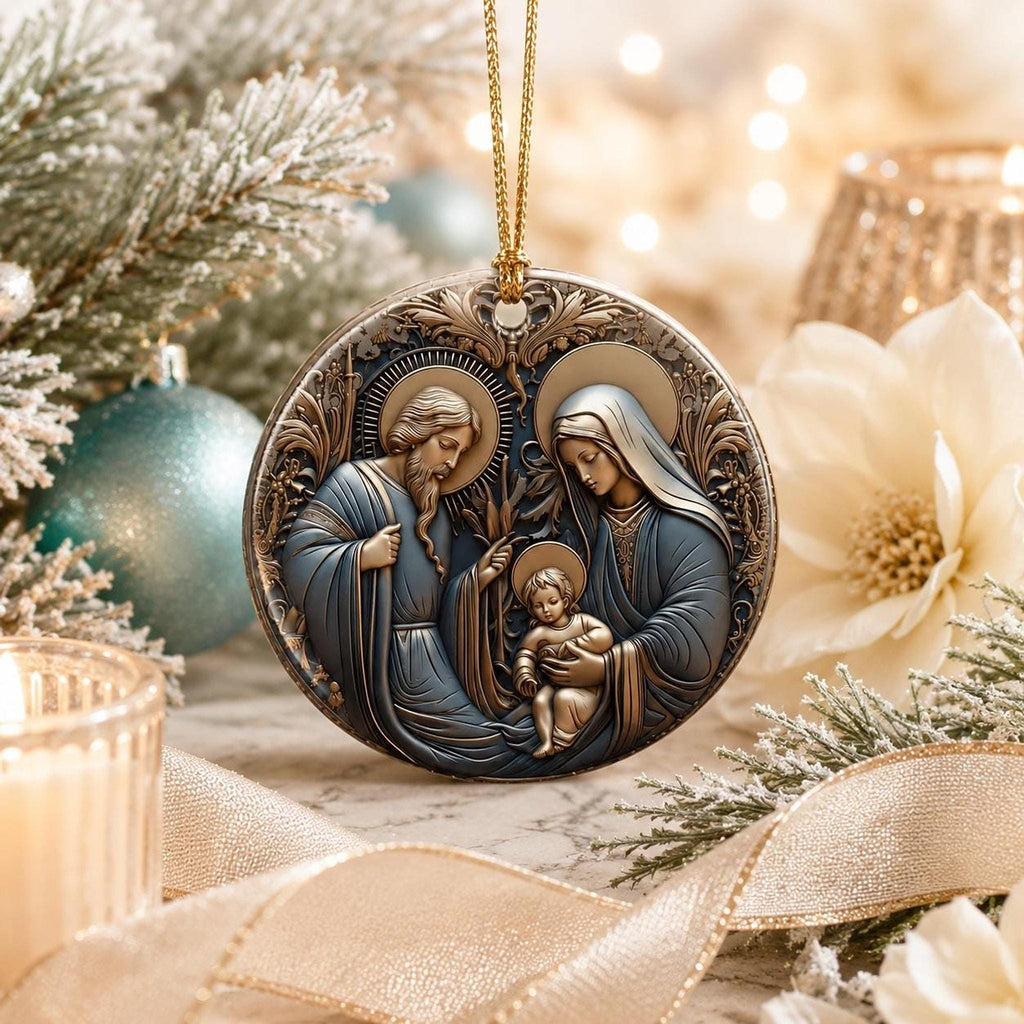 Ceramic Ornament, Holy Family Nativity Keepsake with Personalized Back