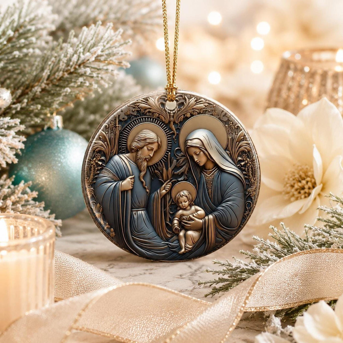 Ceramic Ornament, Holy Family Nativity Keepsake with Personalized Back