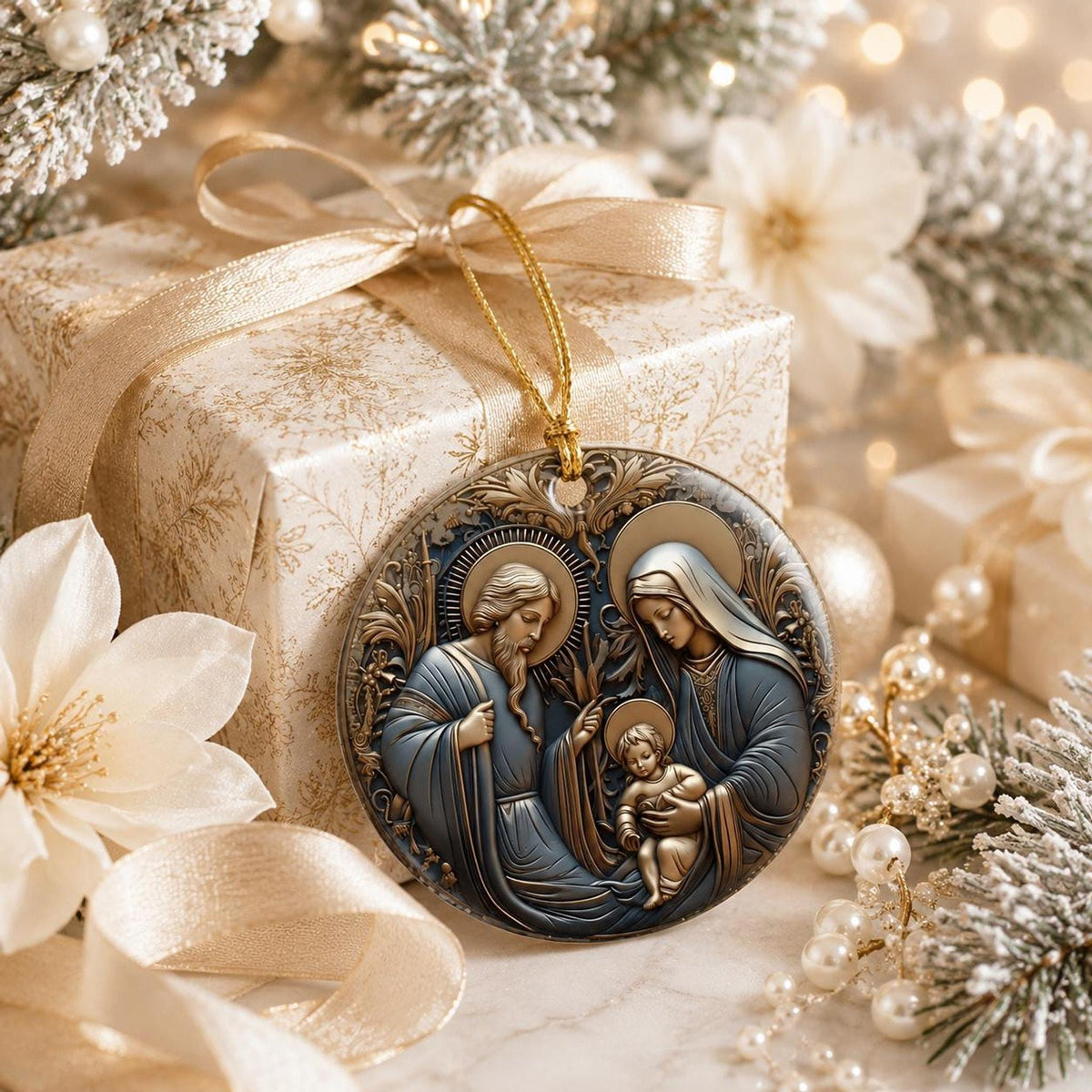 Ceramic Ornament, Holy Family Nativity Keepsake with Personalized Back