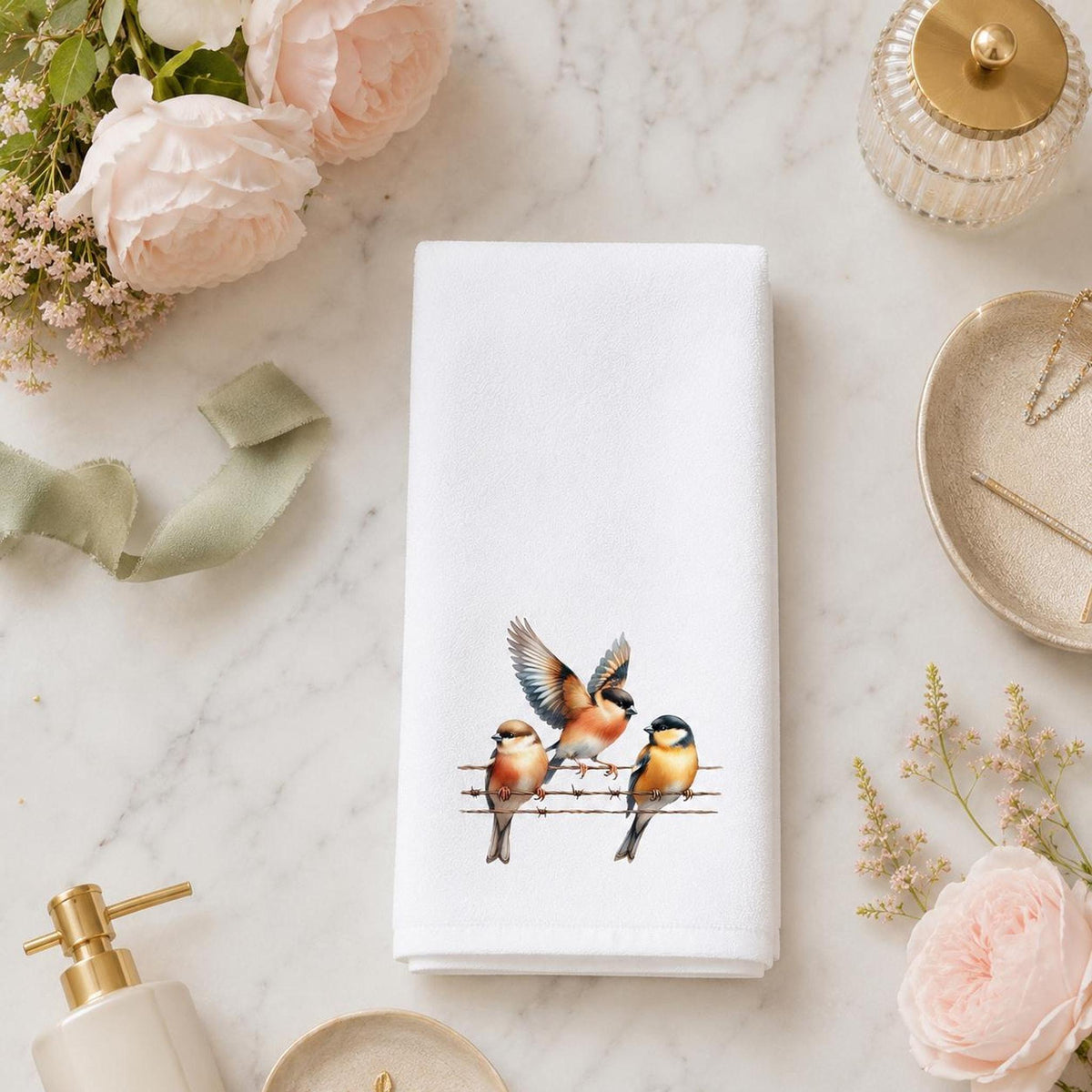 Fingertip Towel, Songbird Print with White Polyester Front and Cotton Terry Back