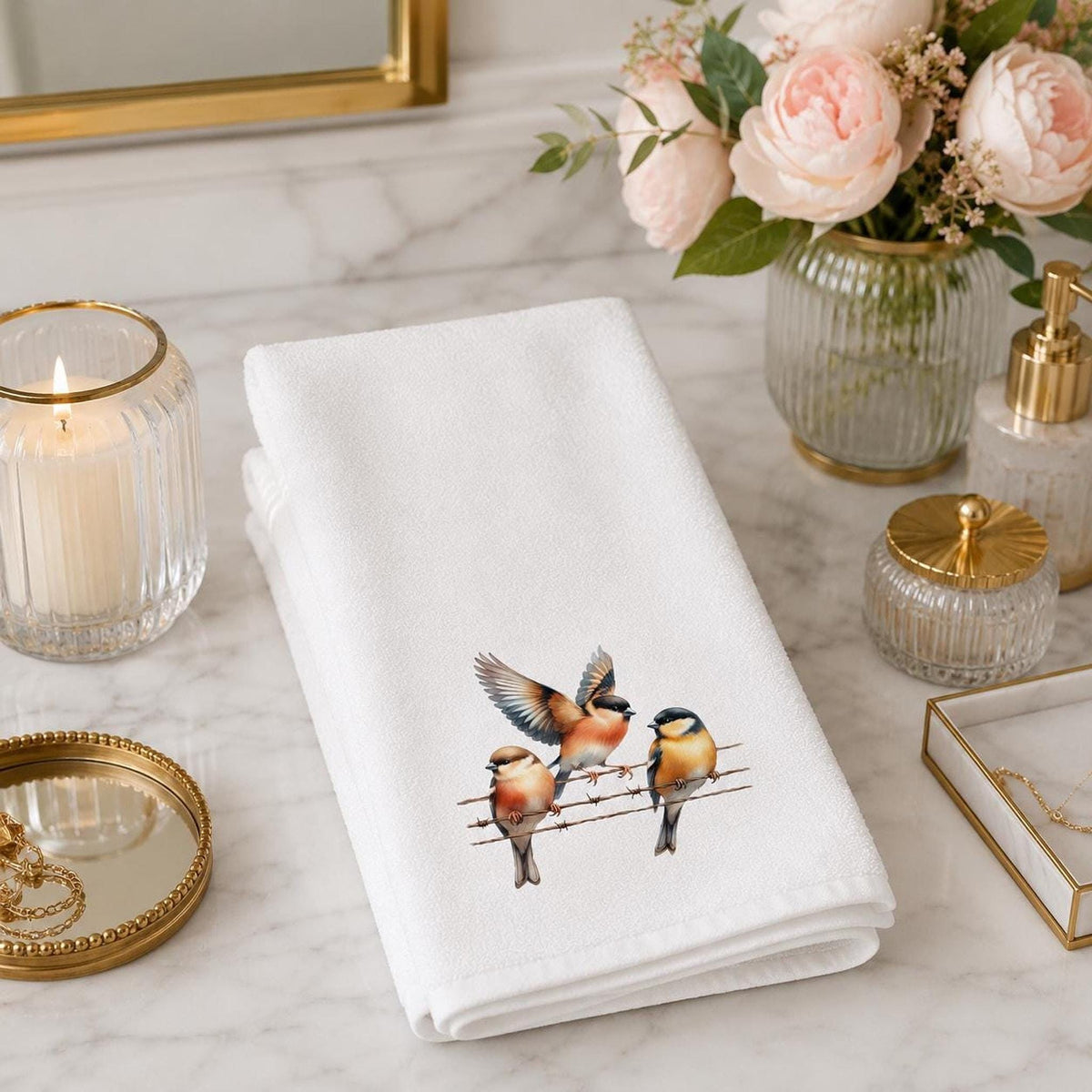 Fingertip Towel, Songbird Print with White Polyester Front and Cotton Terry Back
