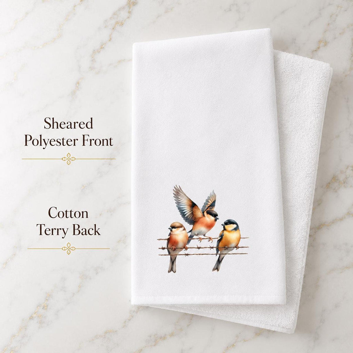 Fingertip Towel, Songbird Print with White Polyester Front and Cotton Terry Back