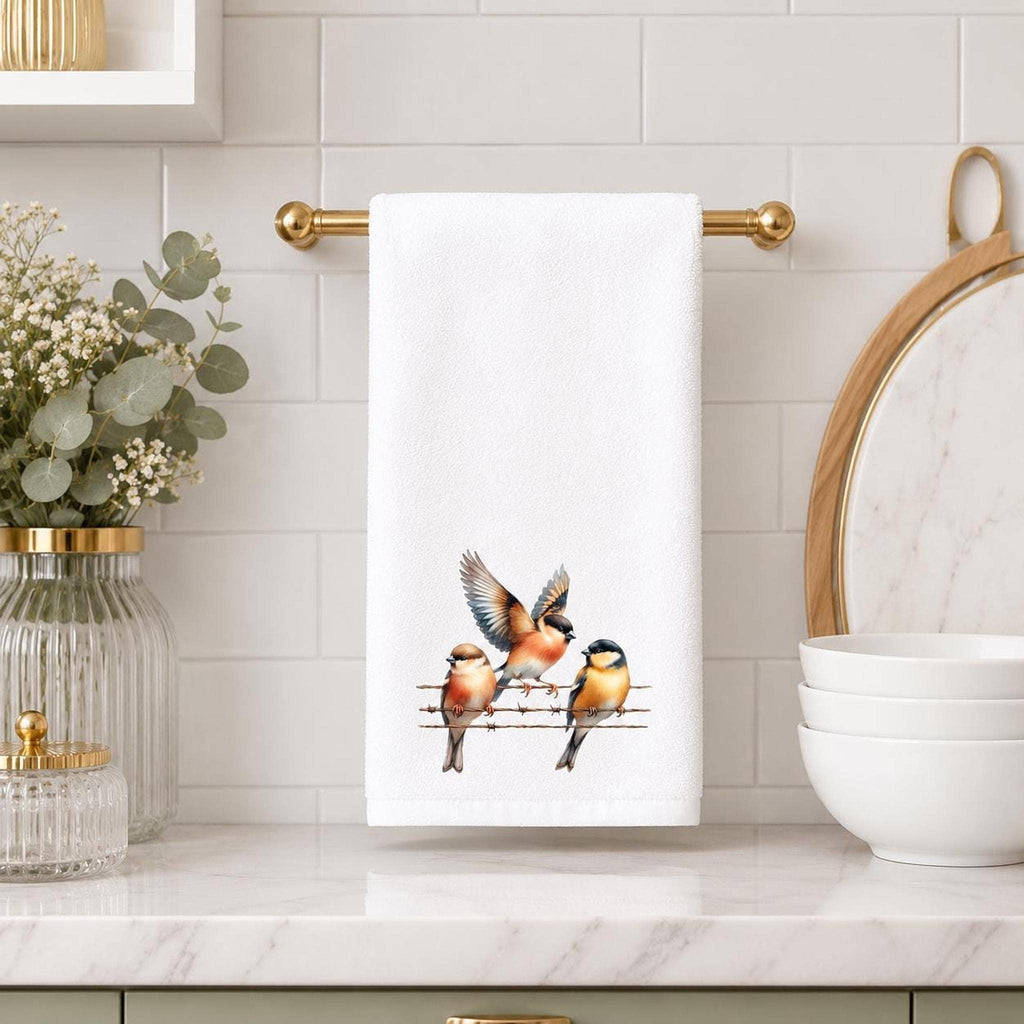 Fingertip Towel, Songbird Print with White Polyester Front and Cotton Terry Back